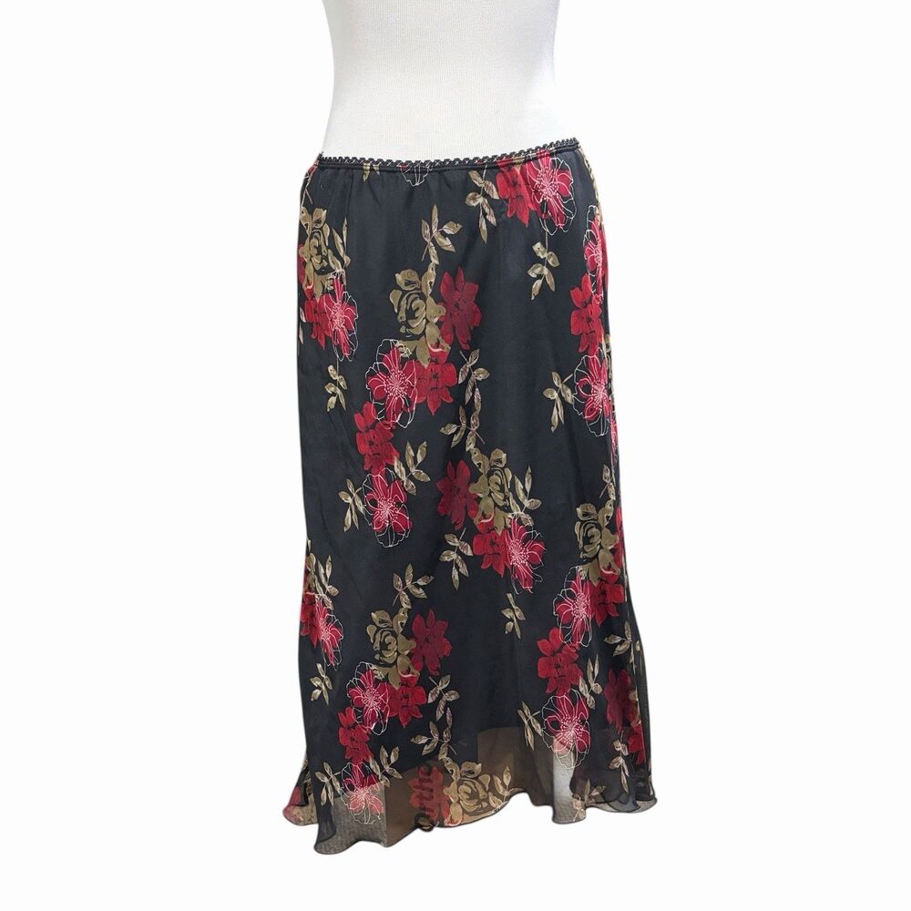 Vintage BIYAYCDA Black Floral Mesh Skirt 12 Asymmetrical Midi Elastic Waist Goth